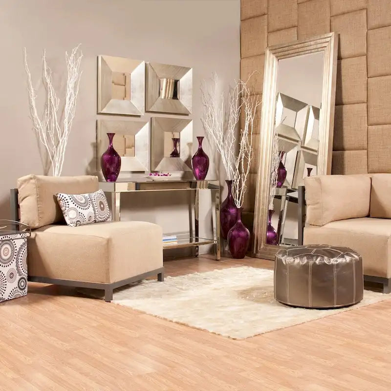Console miroir argentée avec plateau et étagère inférieure en bois