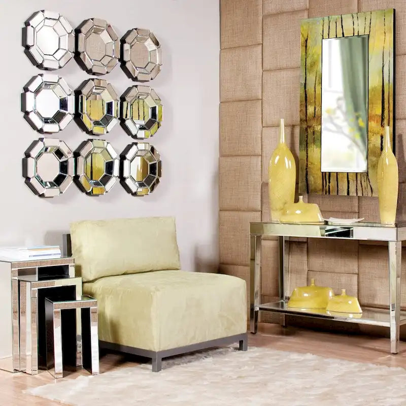 Console miroir argentée avec plateau et étagère inférieure en bois
