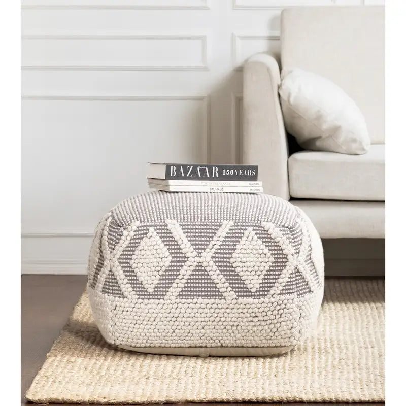 Pouf ottoman carré gris et ivoire, grand modèle