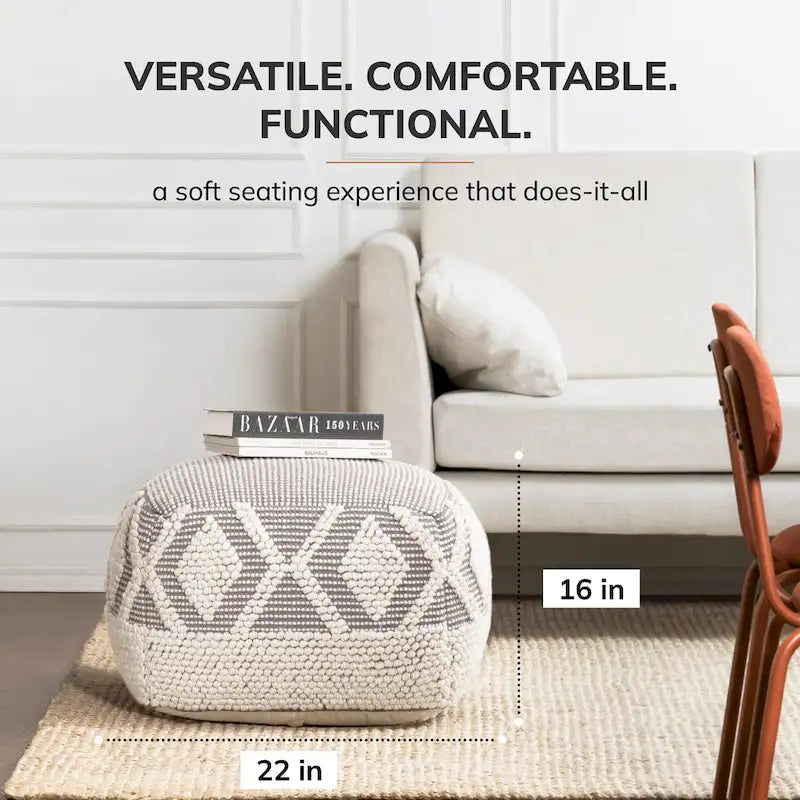 Pouf ottoman carré gris et ivoire, grand modèle