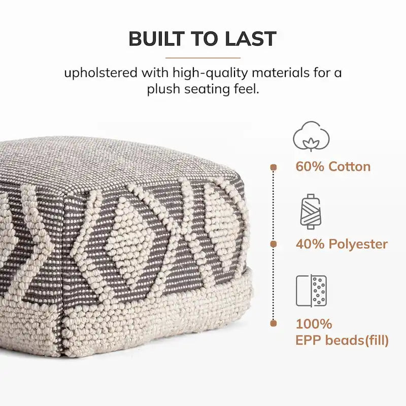 Pouf ottoman carré gris et ivoire, grand modèle
