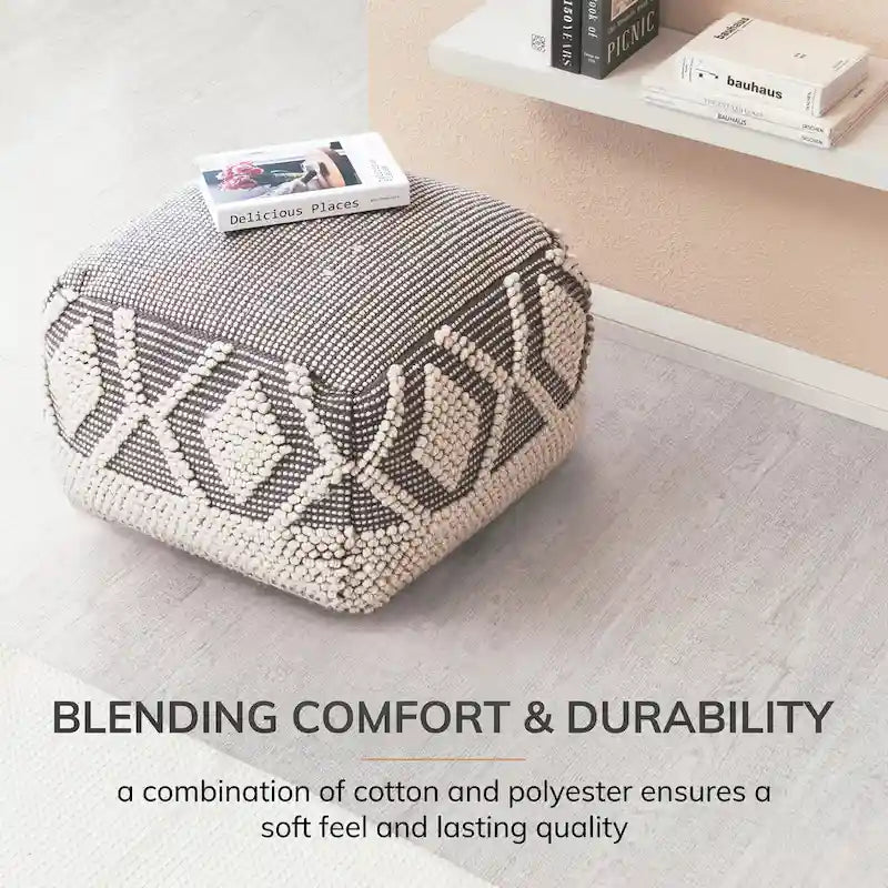 Pouf ottoman carré gris et ivoire, grand modèle