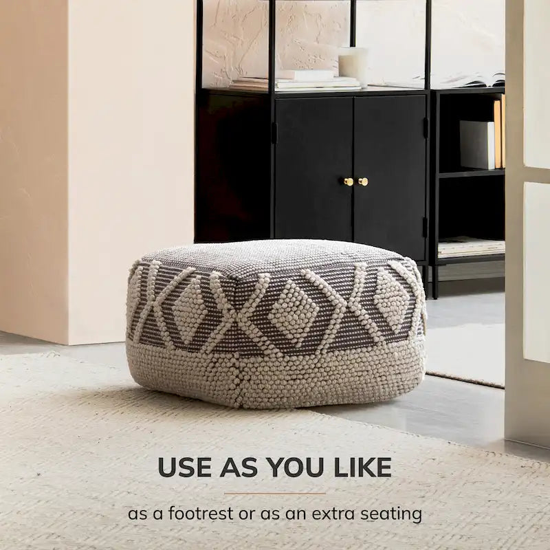 Pouf ottoman carré gris et ivoire, grand modèle