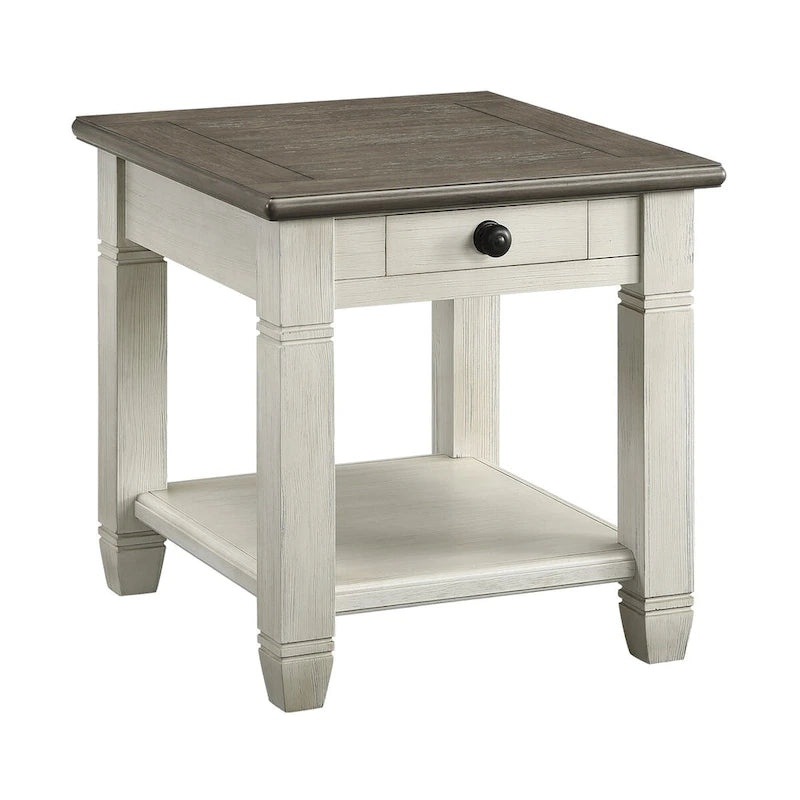Table d'appoint à 1 tiroir avec étagère inférieure, blanc/gris antique