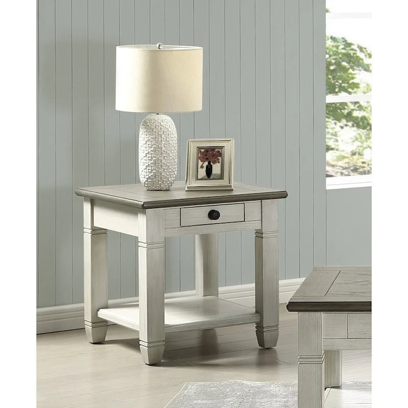 Table d'appoint à 1 tiroir avec étagère inférieure, blanc/gris antique