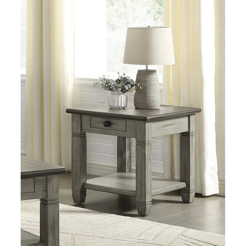 Table d'appoint à 1 tiroir avec étagère inférieure, blanc/gris antique