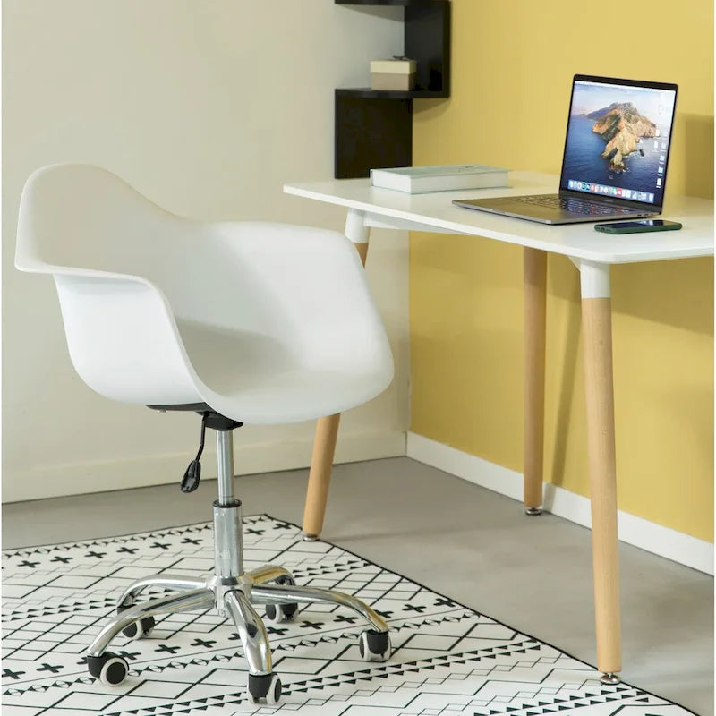 Fauteuil de bureau pivotant coquille blanc du milieu du siècle avec roulettes