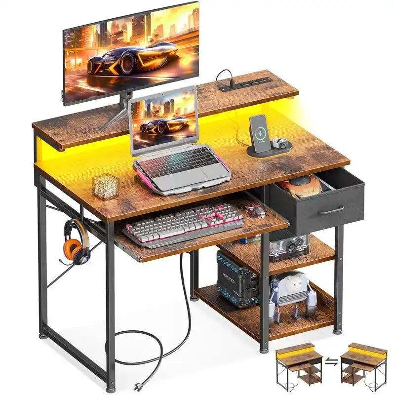 Bureau informatique marron rustique, style industriel, 1 personne, avec prises de courant