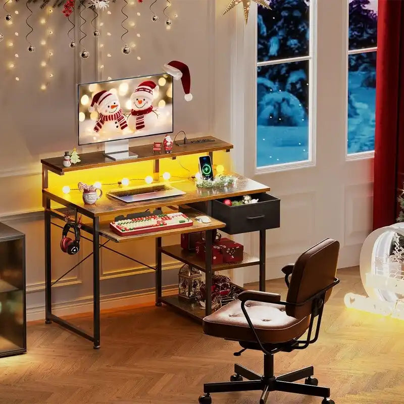 Bureau informatique marron rustique, style industriel, 1 personne, avec prises de courant