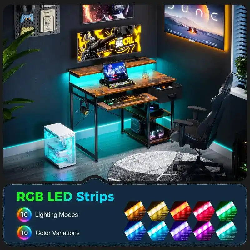 Bureau informatique marron rustique, style industriel, 1 personne, avec prises de courant