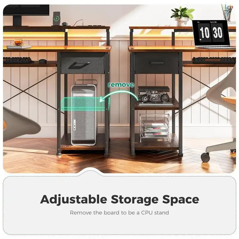 Bureau informatique marron rustique, style industriel, 1 personne, avec prises de courant