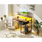 Bureau informatique marron rustique, style industriel, 1 personne, avec prises de courant