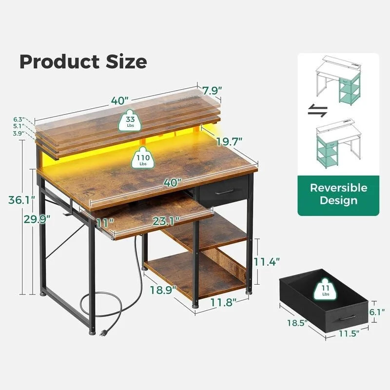 Bureau informatique marron rustique, style industriel, 1 personne, avec prises de courant