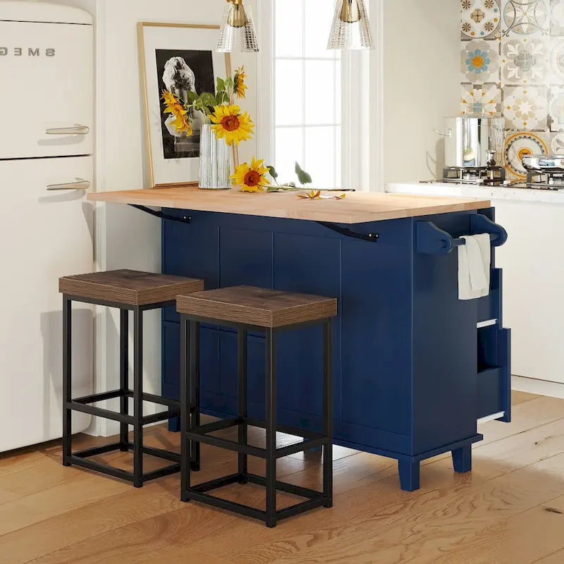 Ensemble îlot de cuisine pliant bleu/blanc avec 2 tabourets