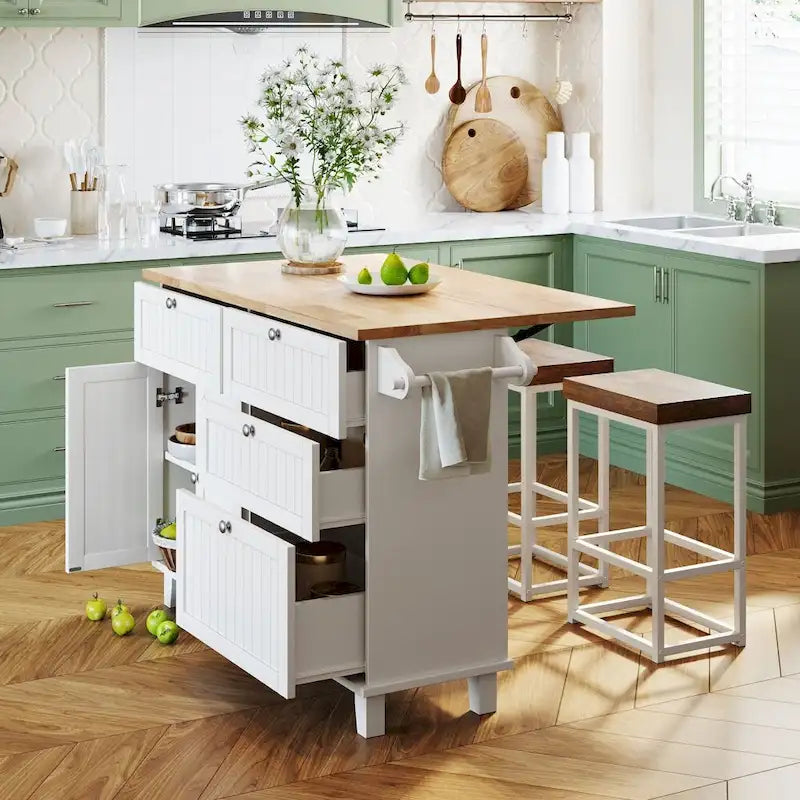 Ensemble îlot de cuisine pliant bleu/blanc avec 2 tabourets
