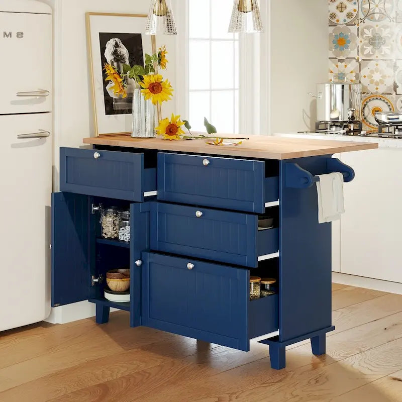 Ensemble îlot de cuisine pliant bleu/blanc avec 2 tabourets