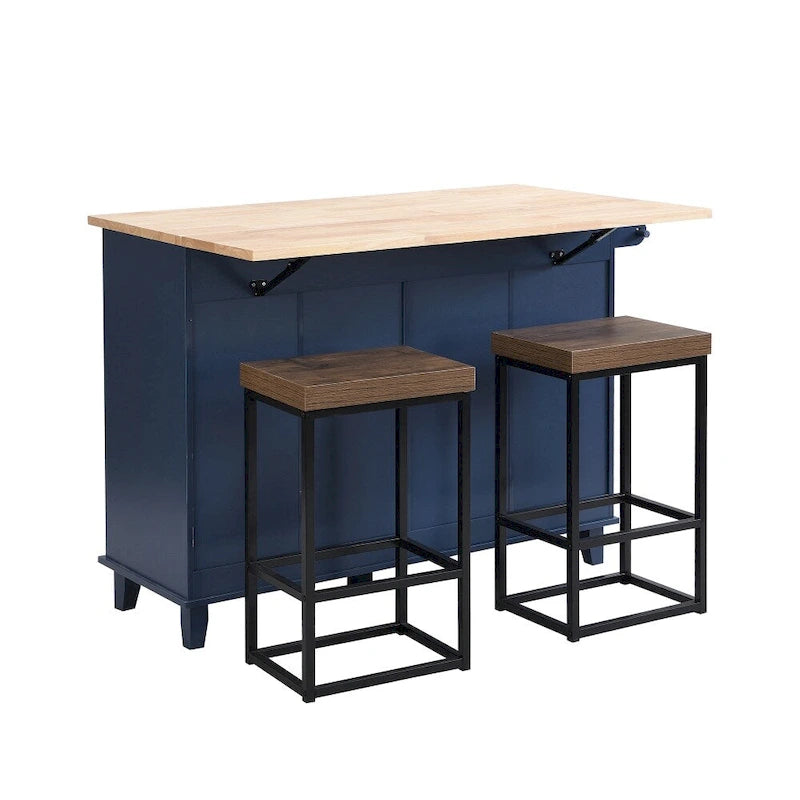 Ensemble îlot de cuisine pliant bleu/blanc avec 2 tabourets