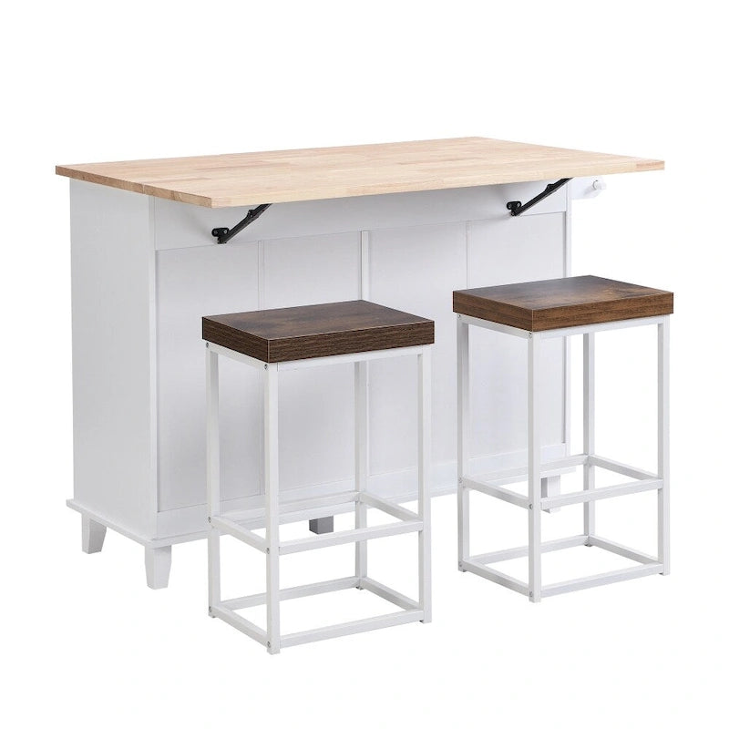 Ensemble îlot de cuisine pliant bleu/blanc avec 2 tabourets