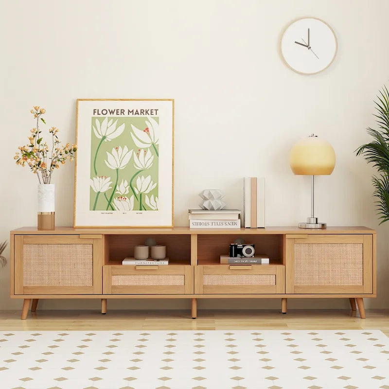 Meuble TV en bois et rotin pour 1, compatible jusqu'à 85"