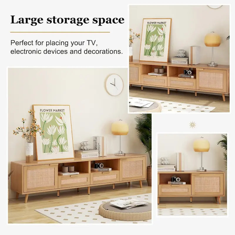 Meuble TV en bois et rotin pour 1, compatible jusqu'à 85"