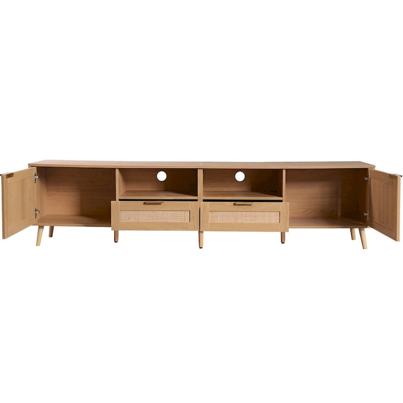 Meuble TV en bois et rotin pour 1, compatible jusqu'à 85"