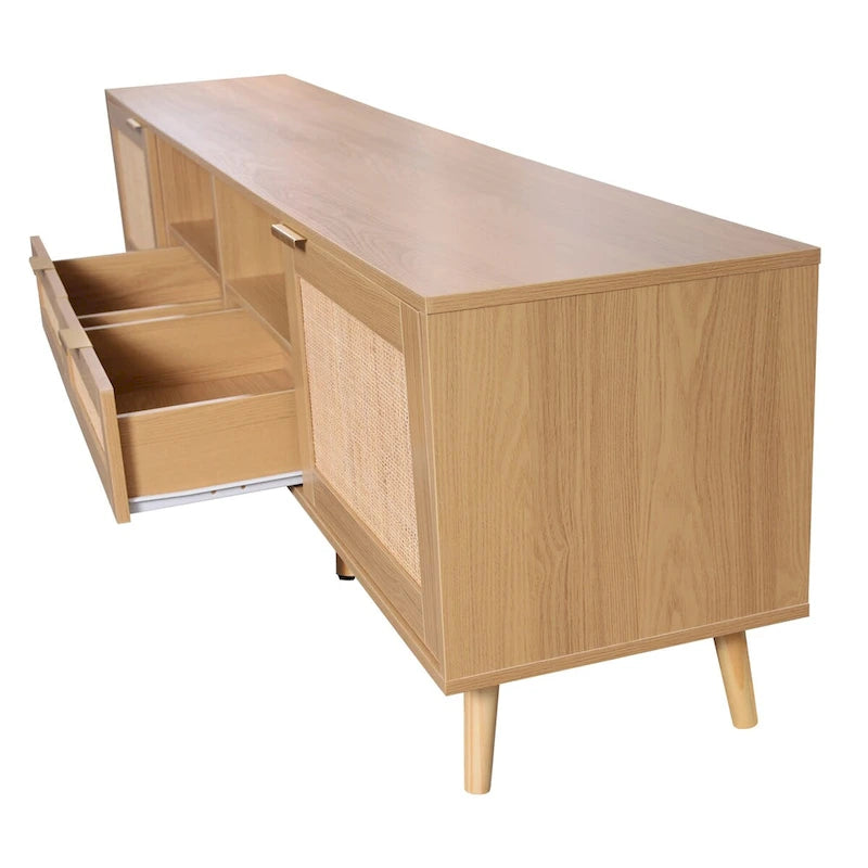 Meuble TV en bois et rotin pour 1, compatible jusqu'à 85"