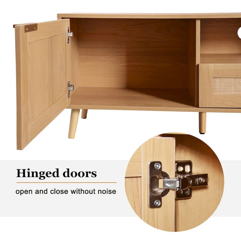 Meuble TV en bois et rotin pour 1, compatible jusqu'à 85"