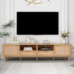 Meuble TV en bois et rotin pour 1, compatible jusqu'à 85"