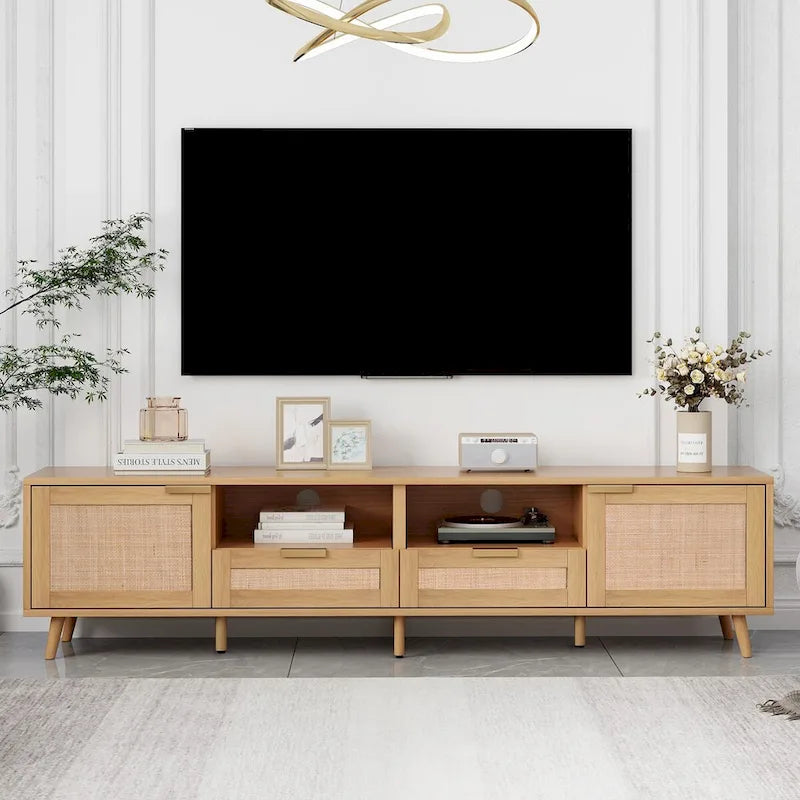 Meuble TV en bois et rotin pour 1, compatible jusqu'à 85"