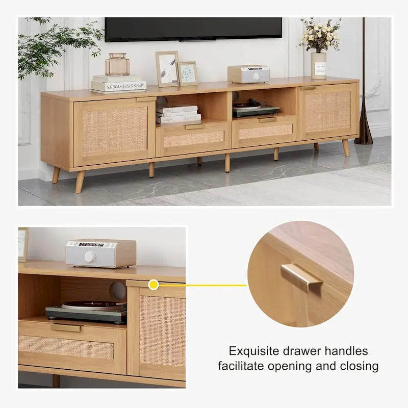 Meuble TV en bois et rotin pour 1, compatible jusqu'à 85"