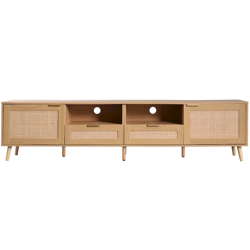 Meuble TV en bois et rotin pour 1, compatible jusqu'à 85"
