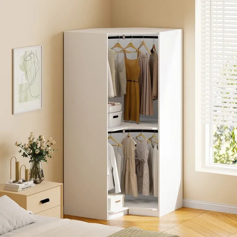 Armoire d'angle blanc/gris avec tringle à vêtements et 2 étagères