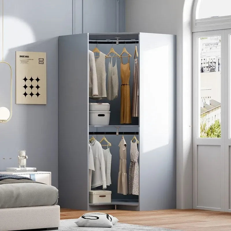 Armoire d'angle blanc/gris avec tringle à vêtements et 2 étagères