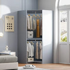 Armoire d'angle blanc/gris avec tringle à vêtements et 2 étagères