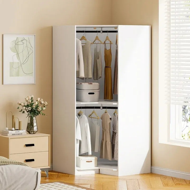 Armoire d'angle blanc/gris avec tringle à vêtements et 2 étagères