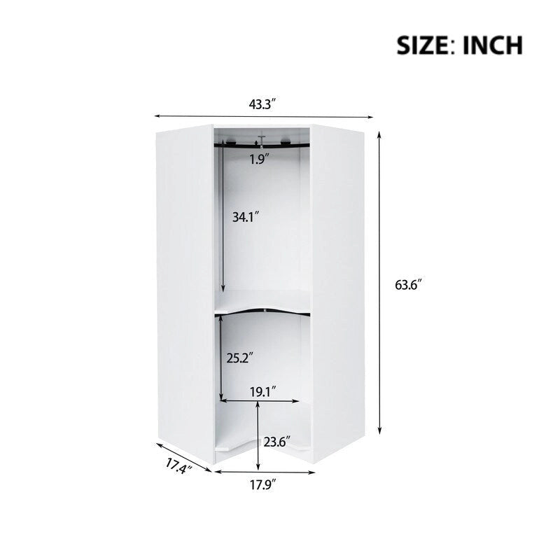 Armoire d'angle blanc/gris avec tringle à vêtements et 2 étagères